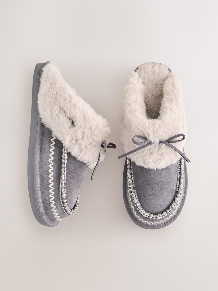 Grey Stitch Suede Faux Fur Lined Mule Slippers - Image 1 of 6