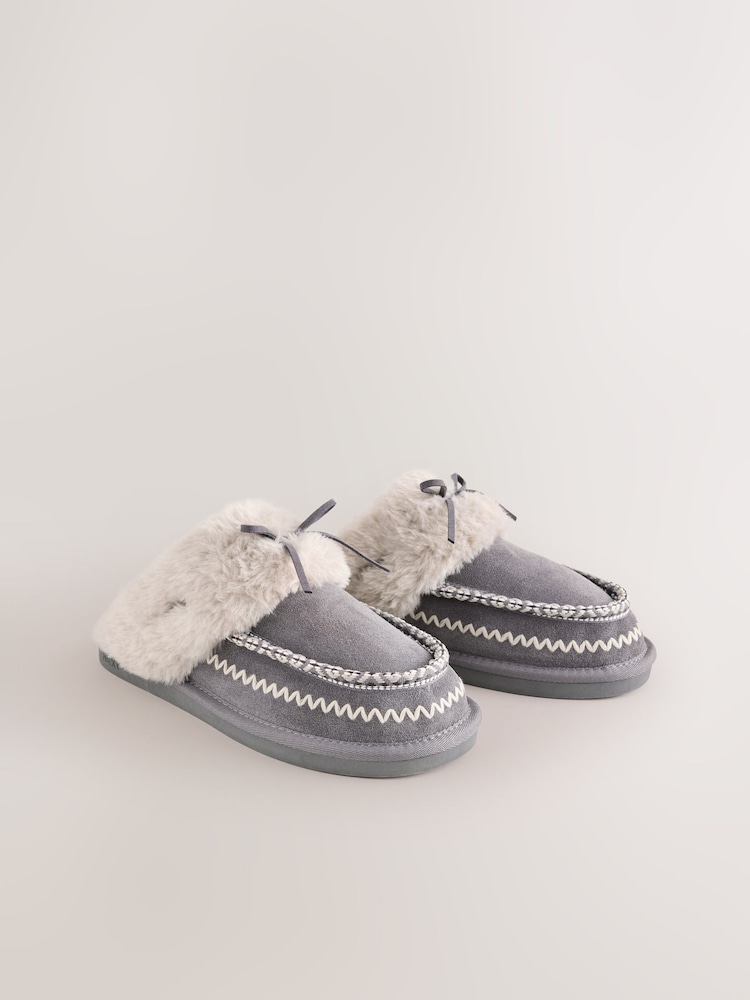 Grey Stitch Suede Faux Fur Lined Mule Slippers - Image 2 of 6