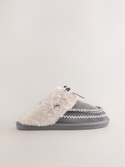 Grey Stitch Suede Faux Fur Lined Mule Slippers - Image 3 of 6