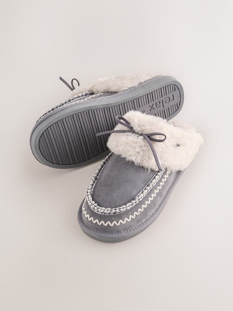 Grey Stitch Suede Faux Fur Lined Mule Slippers - Image 6 of 6