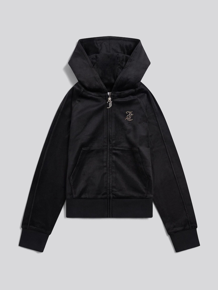 Juicy Couture Black Velour Pintuck Diamante Zip-Through Hoodie - Image 1 of 4
