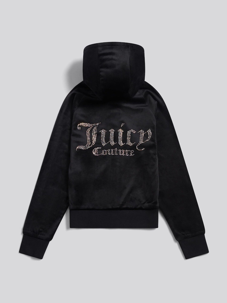 Juicy Couture Black Velour Pintuck Diamante Zip-Through Hoodie - Image 2 of 4