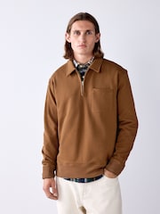Tan Brown Soft Loopback Zip Neck Polo Sweatshirt - Image 1 of 9