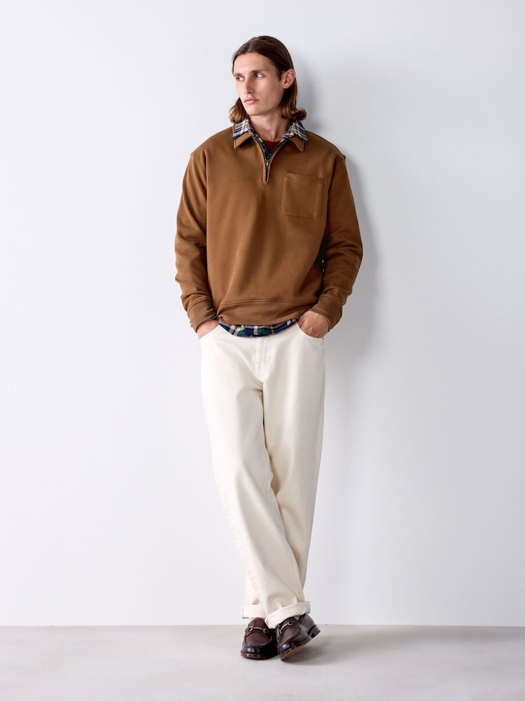 Tan Brown Soft Loopback Zip Neck Polo Sweatshirt - Image 2 of 9 Tan Brown Soft Loopback Zip Neck Polo Sweatshirt - Image 2 of 9
