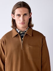 Tan Brown Soft Loopback Zip Neck Polo Sweatshirt - Image 4 of 9