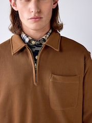 Tan Brown Soft Loopback Zip Neck Polo Sweatshirt - Image 5 of 9