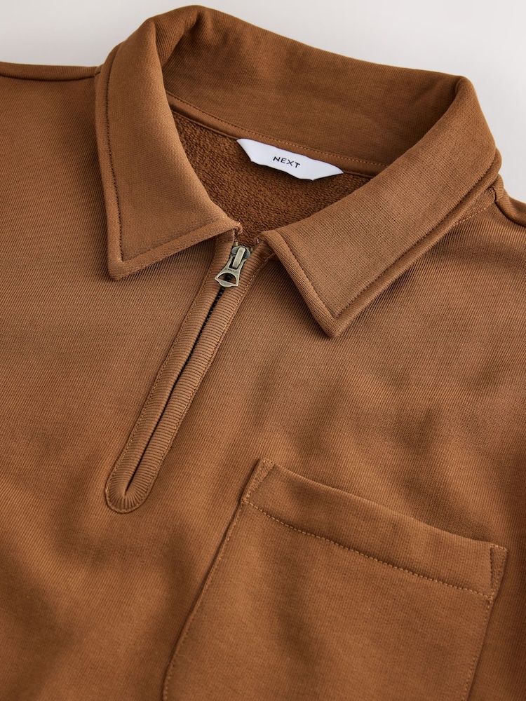 Tan Brown Soft Loopback Zip Neck Polo Sweatshirt - Image 9 of 9 Tan Brown Soft Loopback Zip Neck Polo Sweatshirt - Image 9 of 9