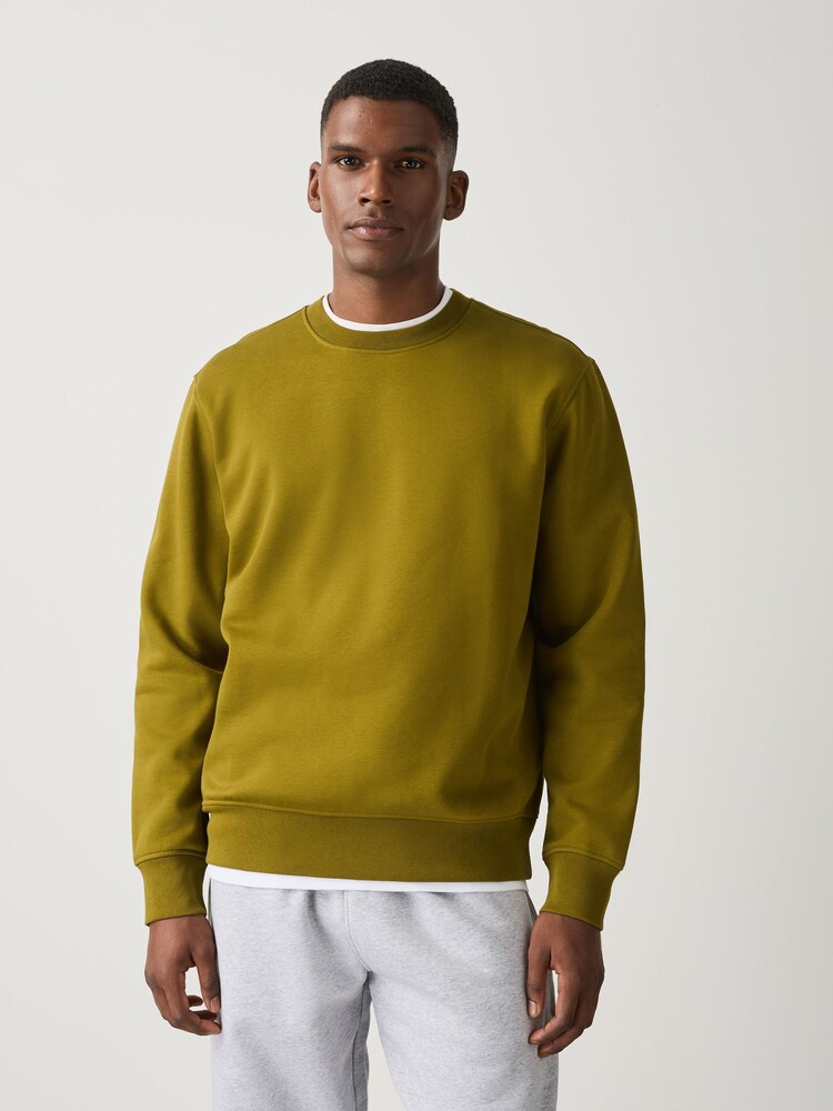 Olive Green Regular Fit Heavyweight Cotton Rich Crew Neck Sweatshirt - Image 1 of 4 Olive Green Regular Fit Heavyweight Cotton Rich Crew Neck Sweatshirt - Image 1 of 4