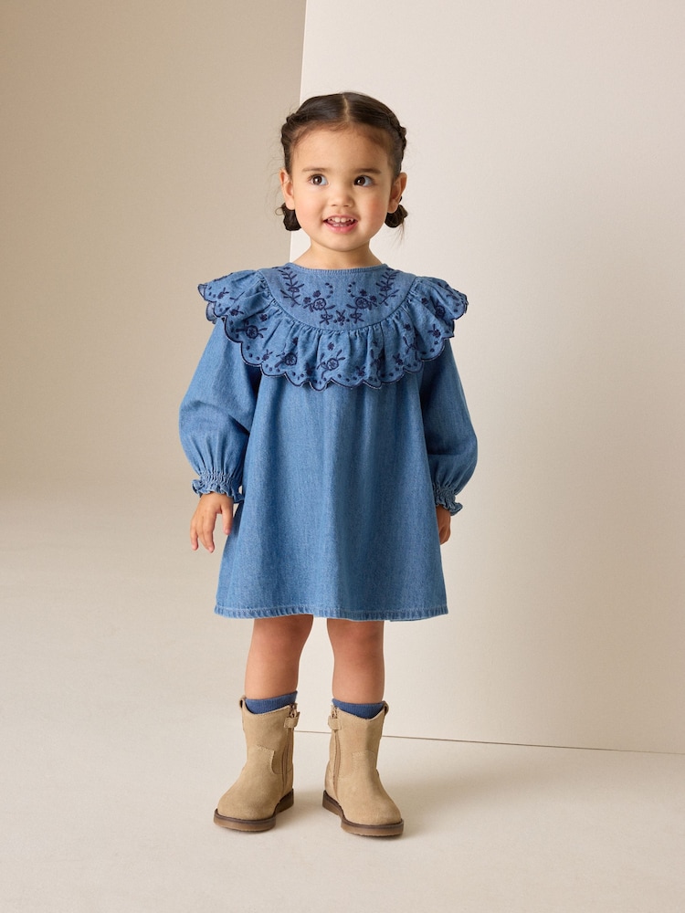 Denim Blue Long Sleeve Embroidered Denim Dress (3mths-10yrs) - Image 1 of 9 Denim Blue Long Sleeve Embroidered Denim Dress (3mths-10yrs) - Image 1 of 9