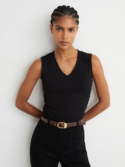 Reiss Black Sandy Stretch-Cotton Rib Ruched V-Neck Vest - Image 1 of 7