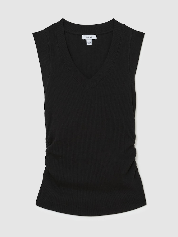 Reiss Black Sandy Stretch-Cotton Rib Ruched V-Neck Vest - Image 2 of 7