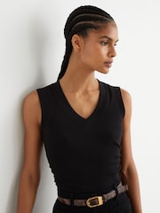 Reiss Black Sandy Stretch-Cotton Rib Ruched V-Neck Vest - Image 6 of 7
