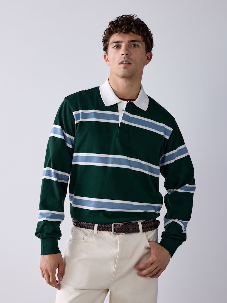 Green/Fine Blue Horizontal Stripe Rugby Shirt - Image 1 of 7 Green/Fine Blue Horizontal Stripe Rugby Shirt - Image 1 of 7