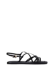 Tommy Hilfiger Black Leather Crossover Strap Flat Sandals - Image 1 of 6