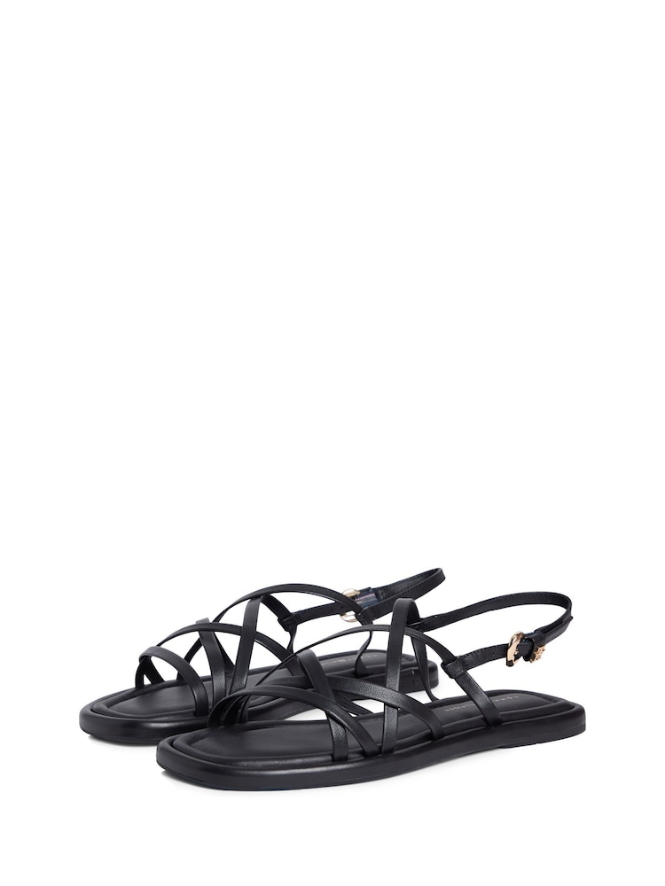 Tommy Hilfiger Black Leather Crossover Strap Flat Sandals - Image 2 of 6