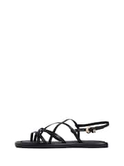 Tommy Hilfiger Black Leather Crossover Strap Flat Sandals - Image 3 of 6
