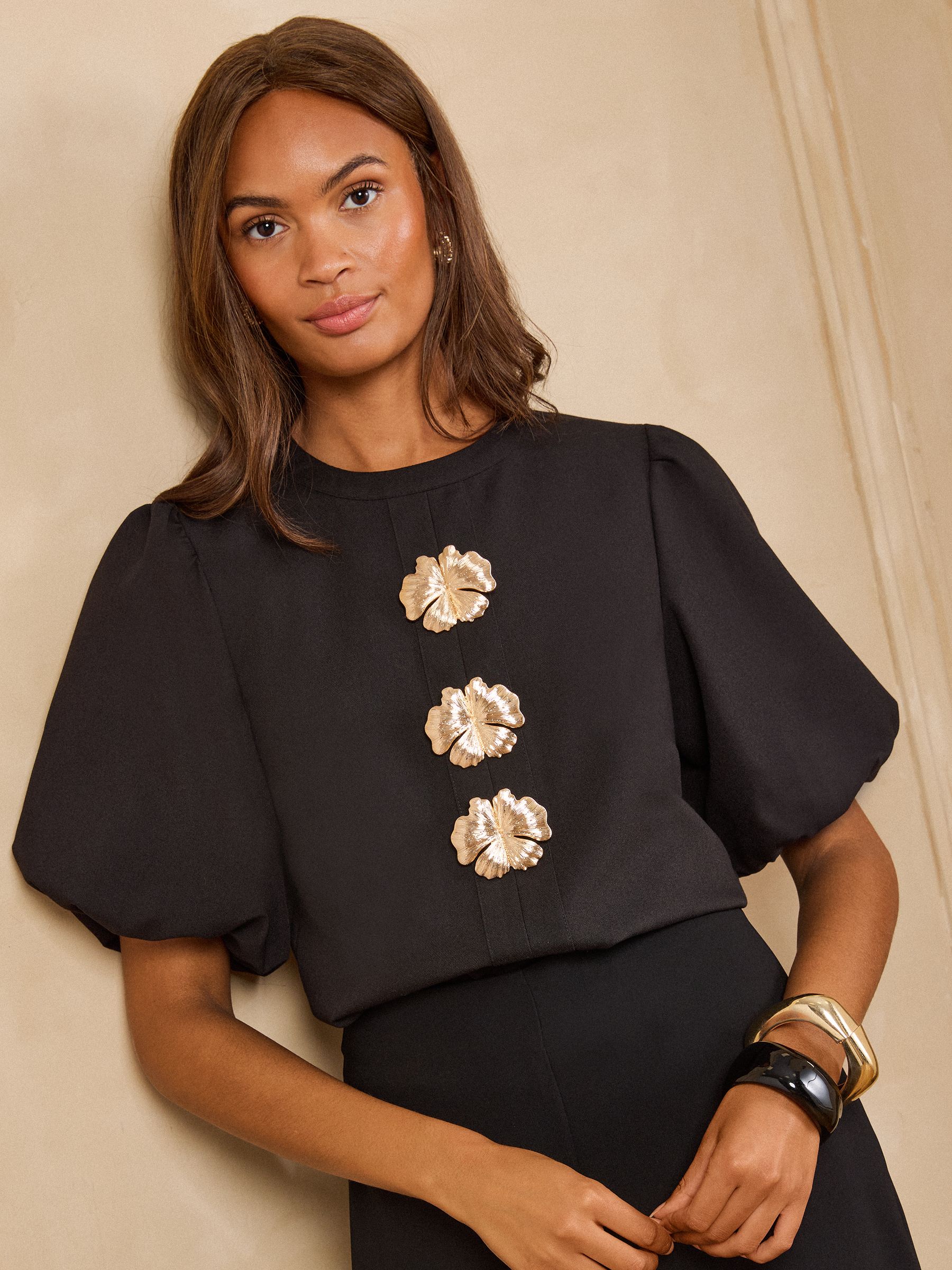Buy Love & Roses Black Tailored Gold Floral Button Detail Puff