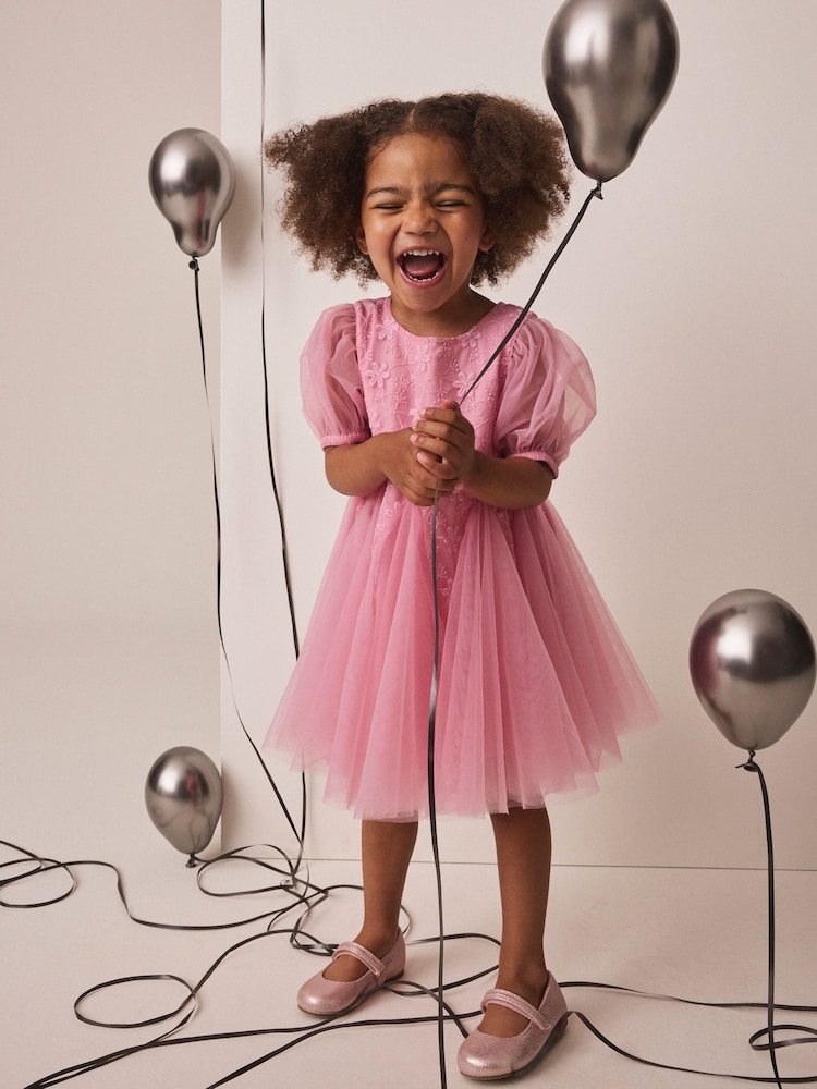 Pastel Pink 3D Flower Godet Occasion Dress (3mths-8yrs) - Image 1 of 5 Pastel Pink 3D Flower Godet Occasion Dress (3mths-8yrs) - Image 1 of 5