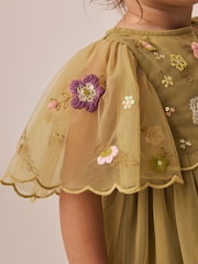 橄欖綠 - 刺繡網布宴會連身裙（3 個月–8 歲） - 圖片 4/4