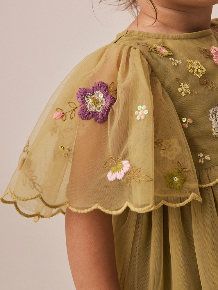 橄欖綠 - 刺繡網布宴會連身裙（3 個月–8 歲） - 圖片 4/4