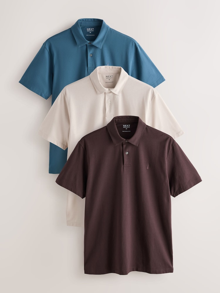 Neutral Marl/Chocolate/Teal Plain Motionflex Short Sleeve Jersey Polo Shirts 3 Pack - Image 1 of 9 Neutral Marl/Chocolate/Teal Plain Motionflex Short Sleeve Jersey Polo Shirts 3 Pack - Image 1 of 9