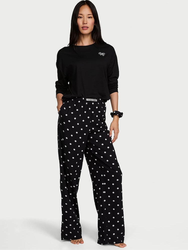 Victoria's Secret Black Polka Dot Long Sleeve Flannel Pyjamas  Scrunchie Set - Image 1 of 2