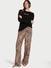 Victoria's Secret Black & Leopard Brown Long Sleeve Flannel Pyjamas  Scrunchie Set - Image 1 of 2