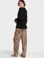 Victoria's Secret Black & Leopard Brown Long Sleeve Flannel Pyjamas  Scrunchie Set - Image 2 of 2