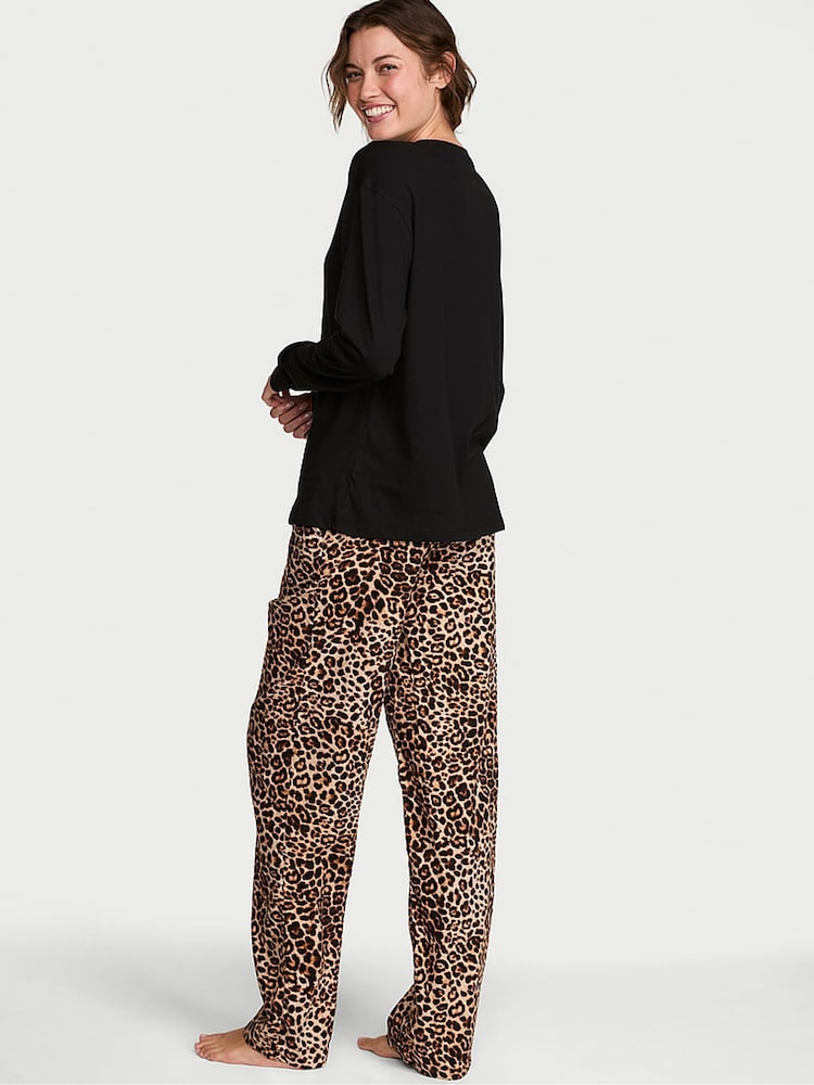 Victoria's Secret Black & Leopard Brown Long Sleeve Flannel Pyjamas  Scrunchie Set - Image 2 of 2