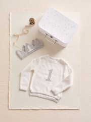 The White Company White Cotton Blend My 1St Birthday Jumper & Crown Gift Set - Image 1 of 3