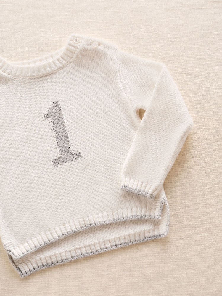 The White Company White Cotton Blend My 1St Birthday Jumper & Crown Gift Set - Image 3 of 3