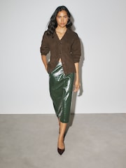 Olive Green Textured Faux Leather Column Midi Skirt - Image 1 of 5