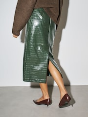 Olive Green Textured Faux Leather Column Midi Skirt - Image 4 of 5