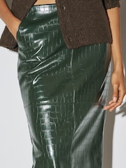 Olive Green Textured Faux Leather Column Midi Skirt - Image 5 of 5