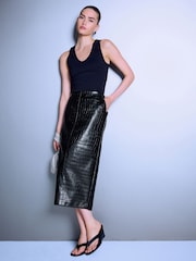 Black Textured Faux Leather Column Midi Skirt - Image 1 of 5