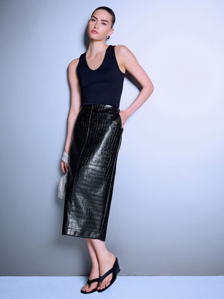 Black Textured Faux Leather Column Midi Skirt - Image 1 of 5
