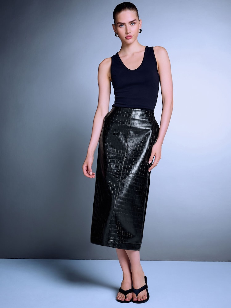 Black Textured Faux Leather Column Midi Skirt - Image 2 of 5