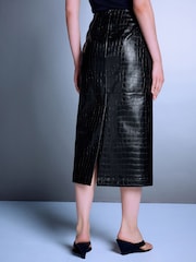 Black Textured Faux Leather Column Midi Skirt - Image 4 of 5