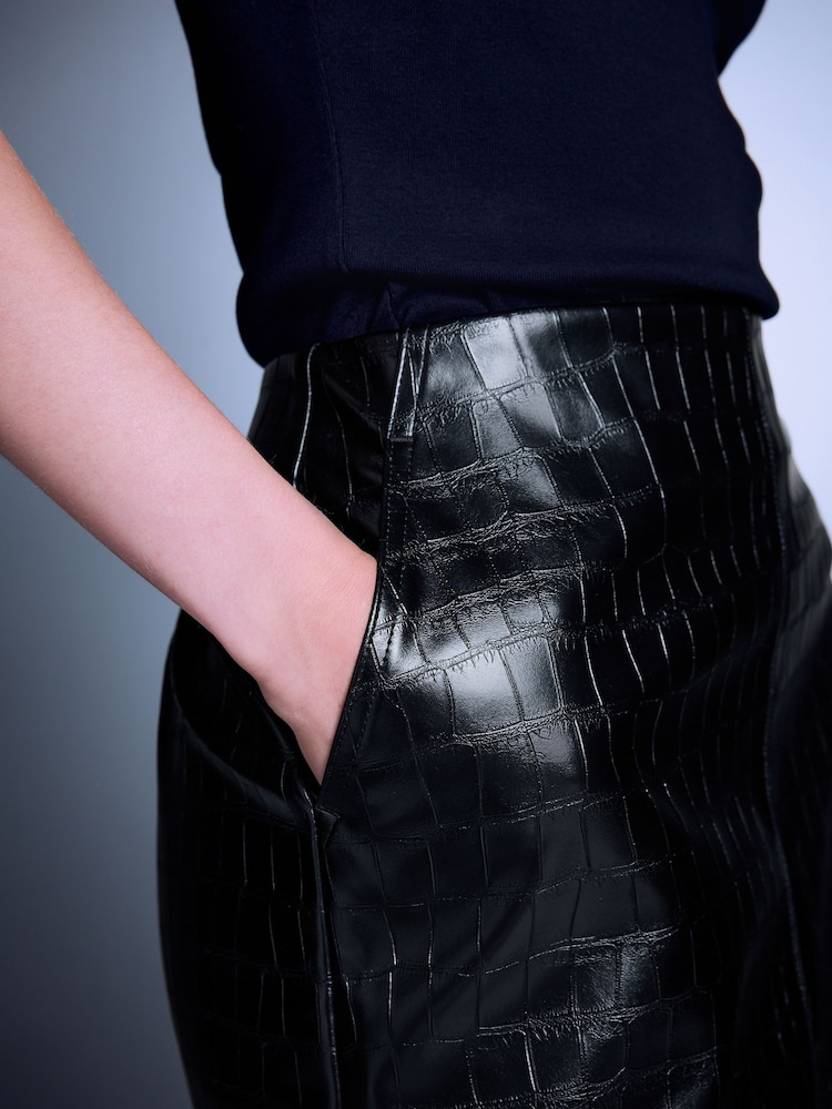 Black Textured Faux Leather Column Midi Skirt - Image 5 of 5