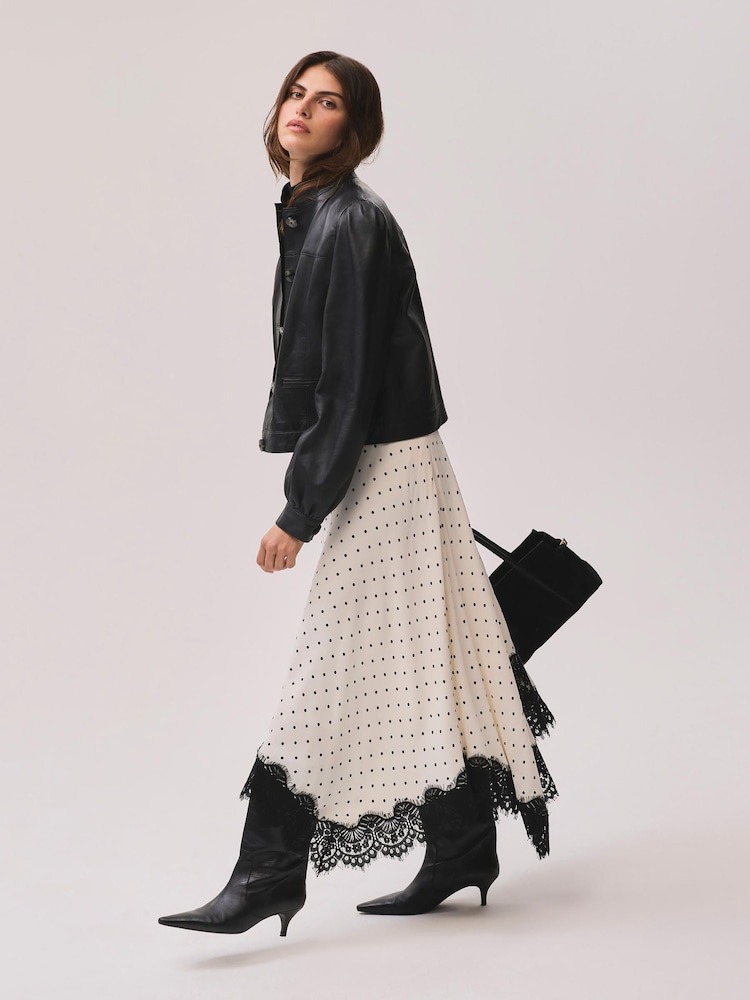 Mint Velvet Cream Polka Dot Lace Trim Midi Skirt - Image 1 of 7