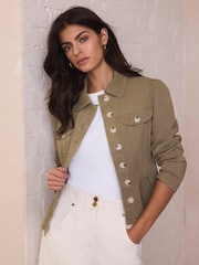 Mint Velvet Green Cotton Blend Peplum Jacket - Image 1 of 8