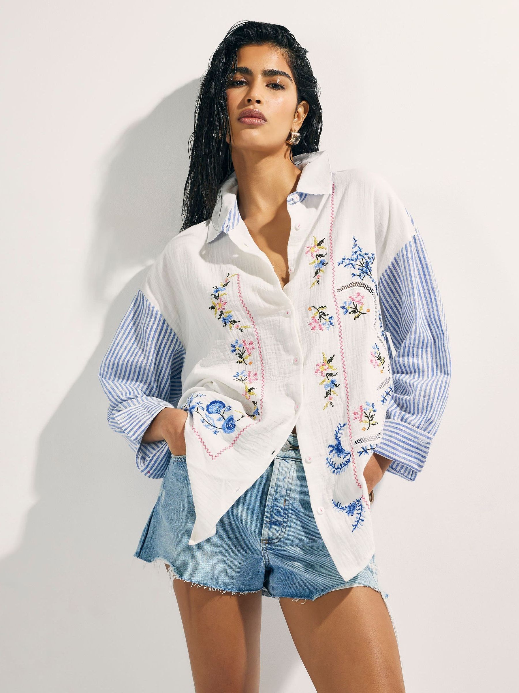 Buy River Island White Embroiderd Stripe Patchwork Shirt from the