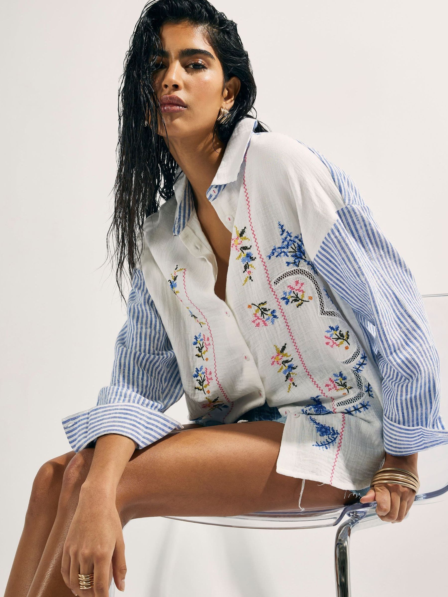 Buy River Island White Embroiderd Stripe Patchwork Shirt from the