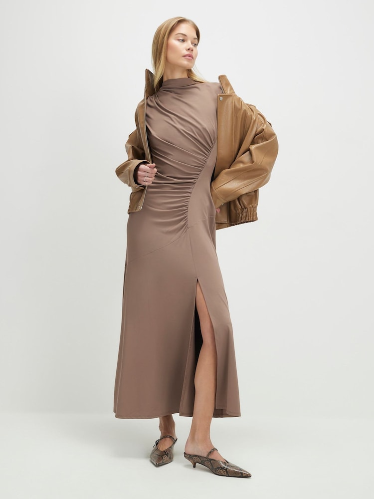 River Island Brown High Neck Ruched Drape Maxi Dress - Image 2 of 4
