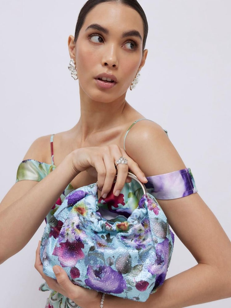 River Island Blue Floral Embellished Grab Handle Clutch - Image 1 of 6