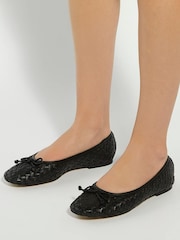 Dune London Black Wide Fit Leather Heat Woven Ballerina Shoes - Image 1 of 6