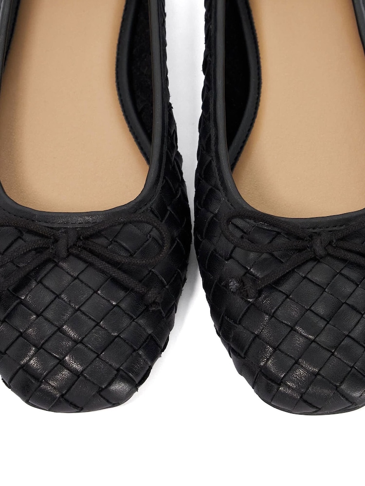 Dune London Black Wide Fit Leather Heat Woven Ballerina Shoes - Image 6 of 6