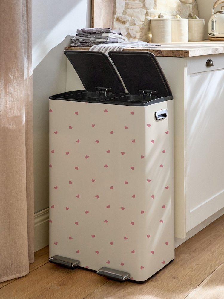 Pink Heart Print 60l 3 Compartment Soft Close Pedal Bin - Image 2 of 3