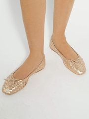 Dune London Gold Wide Fit Leather Heat Woven Ballerina Shoes - Image 1 of 6