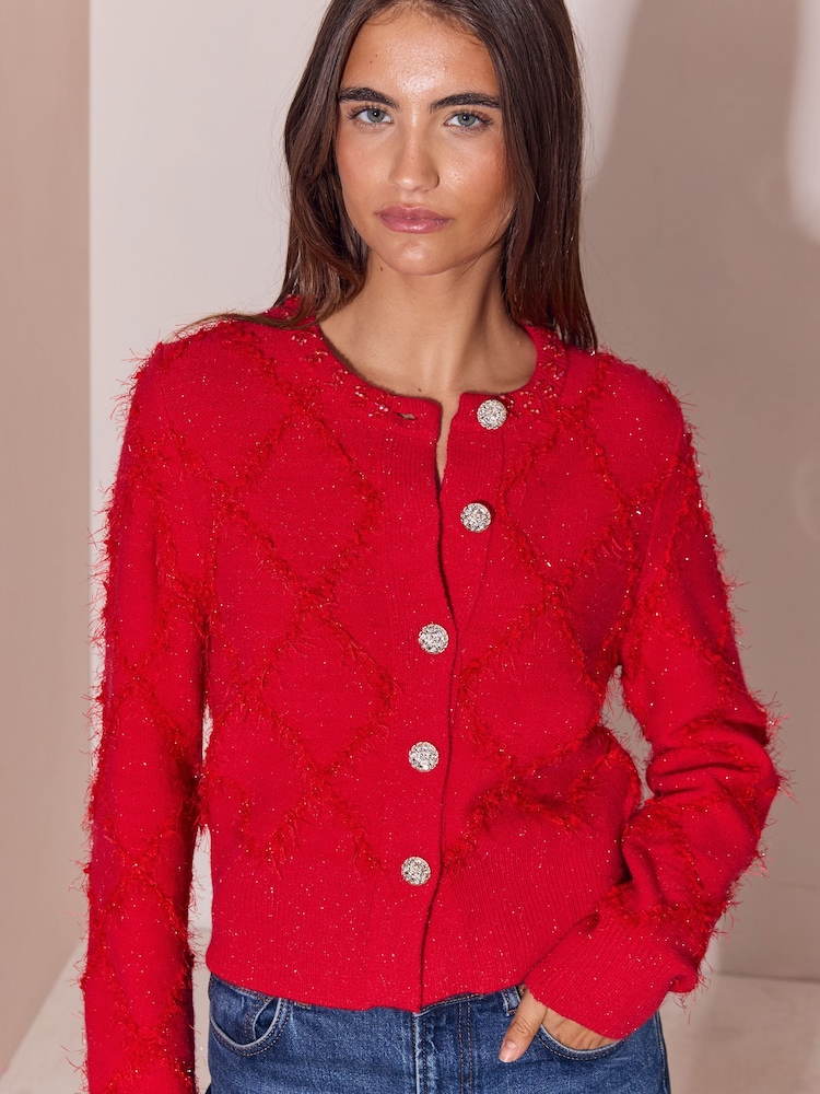 Lipsy Red Sequin Argyle Detail Cardigan - Image 1 of 5 Lipsy Red Sequin Argyle Detail Cardigan - Image 1 of 5